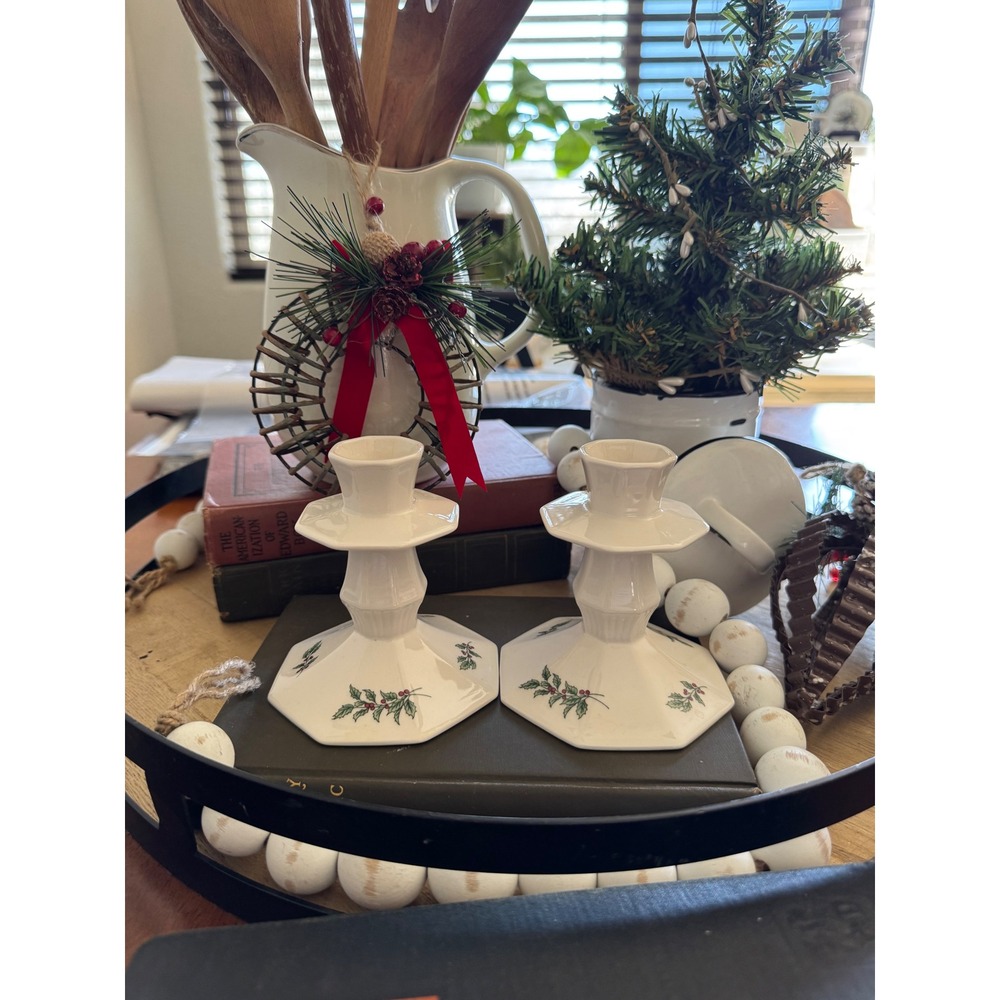 Vintage‎ Nikko Japan Christmas Holly Berry Candlestick Holders Set of 2 White